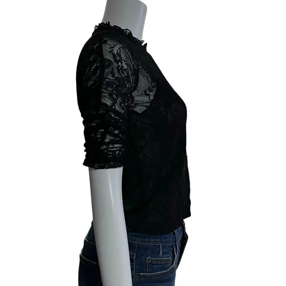 By Anthropologie Womens VNeck Lace Ruched Sleeve Blouse Size Extra Small